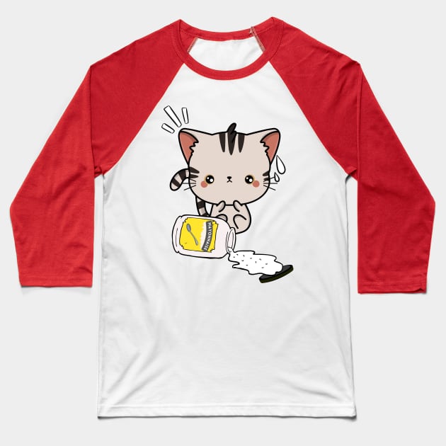 Cute Tabby Cat spilled mayonnaise Baseball T-Shirt by Pet Station